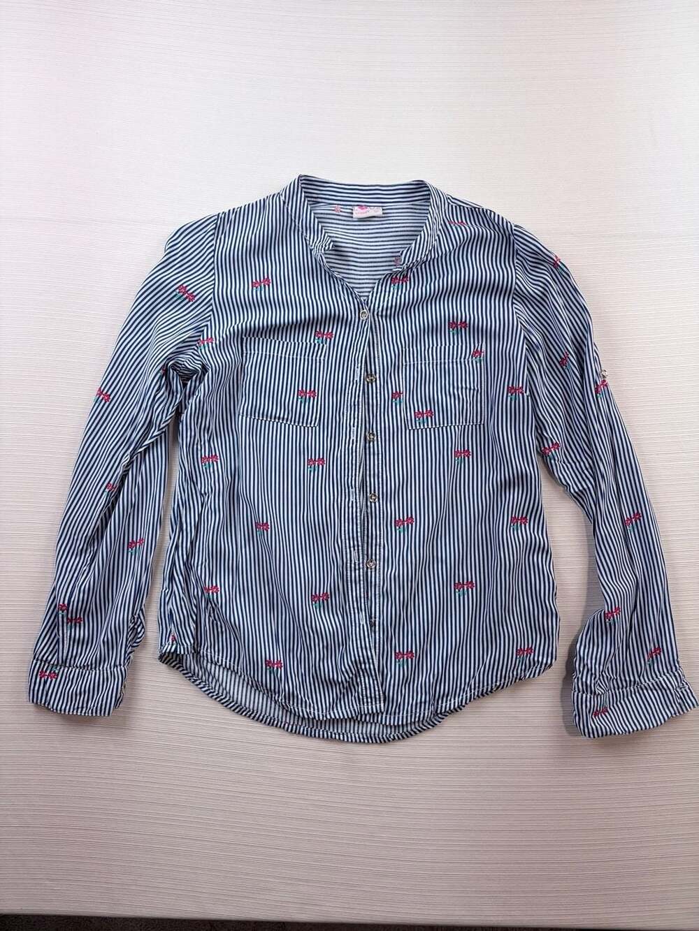 Crissa Striped Floral Button Up Shirt Size L Blue White Embroidered